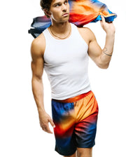 Mens Zander Jacquard Short featuring a vibrant orange, red, and blue gradient with a subtle geometric jacquard pattern, offering a relaxed fit in a smooth fabric, embodying Psycho Bunny's bold streetwear aesthetic. (4)