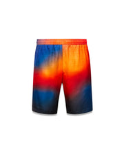 Vibrant gradient Mens Zander Jacquard Short, transitioning from deep blue to fiery orange and red, with a subtle all-over geometric jacquard pattern and a comfortable relaxed fit. (5)