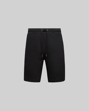 The MENS KAI SWEATSHORT - MB0900015 by Psycho Bunny in black features an elastic waistband, drawstring, twill texture, soft fit, and a playful embroidered Bunny logo, displayed on a light grey background.