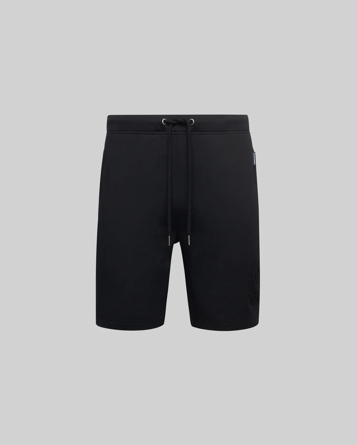 Black Mens Barry Short, relaxed fit french terry with drawstring waist, featuring a large tonal embroidered Psycho Bunny skull logo on the left leg and a small Psycho Bunny tag on the right hip.