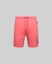 Coral pink Mens Barry Short in soft French terry, featuring a relaxed fit, drawstring waist with dark tips, and a large tonal embroidered Psycho Bunny skull logo on the left leg.