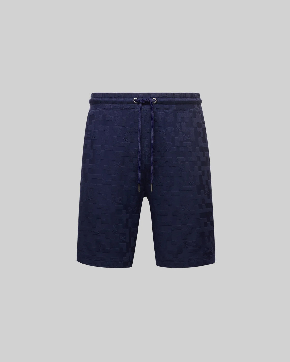 Mens Josh Jacquard Knit Short in navy blue, featuring a subtle all-over jacquard knit pattern of the iconic Psycho Bunny skull and crossbones logo, with a relaxed fit and drawstring waist.