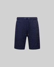 Mens Josh Jacquard Knit Short in navy blue, featuring a subtle all-over jacquard knit pattern of the iconic Psycho Bunny skull and crossbones logo, with a relaxed fit and drawstring waist.