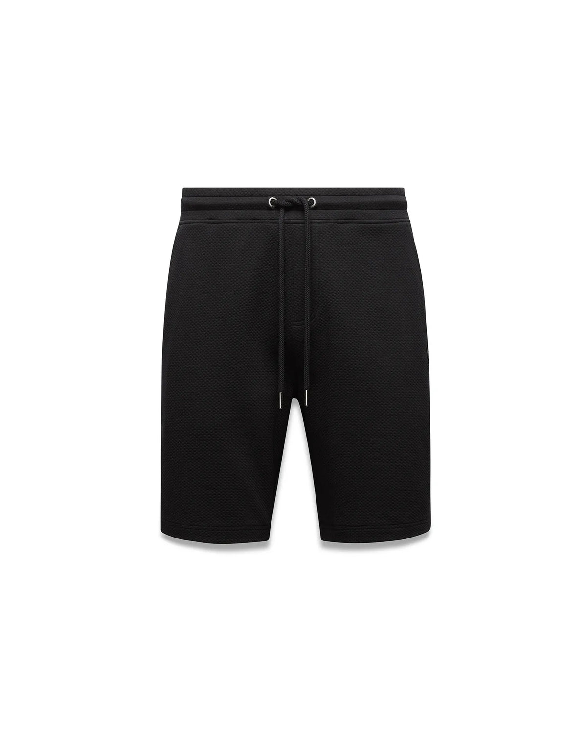 Mens Marc Textured Short in black, a classic fit streetwear short with a distinctive mini-waffle knit fabric and a drawstring waist featuring sleek silver tips. (5)