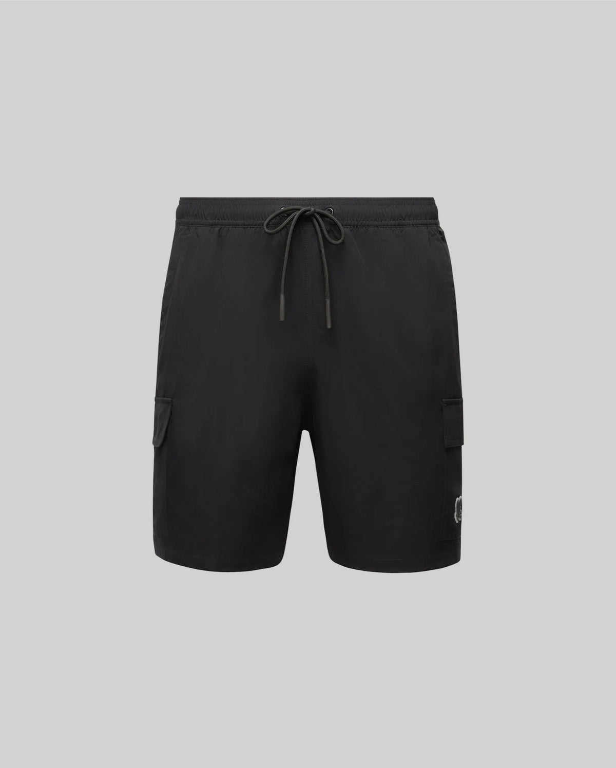 The Psycho Bunny MENS RANDY BOARD SHORT - MB1000002 features an elastic waistband, drawstring, and two side cargo pockets—ideal for casual beachwear. Shown on a plain light gray background.