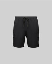 The Psycho Bunny MENS RANDY BOARD SHORT - MB1000002 features an elastic waistband, drawstring, and two side cargo pockets—ideal for casual beachwear. Shown on a plain light gray background.