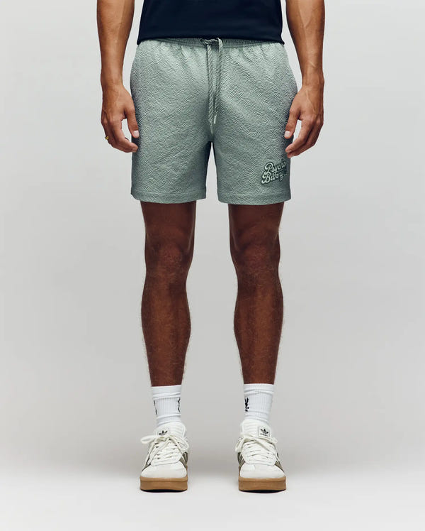 A person faces forward, wearing Psycho Bunny MENS ELIAS SWIM TRUNK - MB1000008 in light green with a classic fit and drawstring, paired with a dark shirt, white crew socks, and white sneakers. The image highlights their lower body against a plain background.