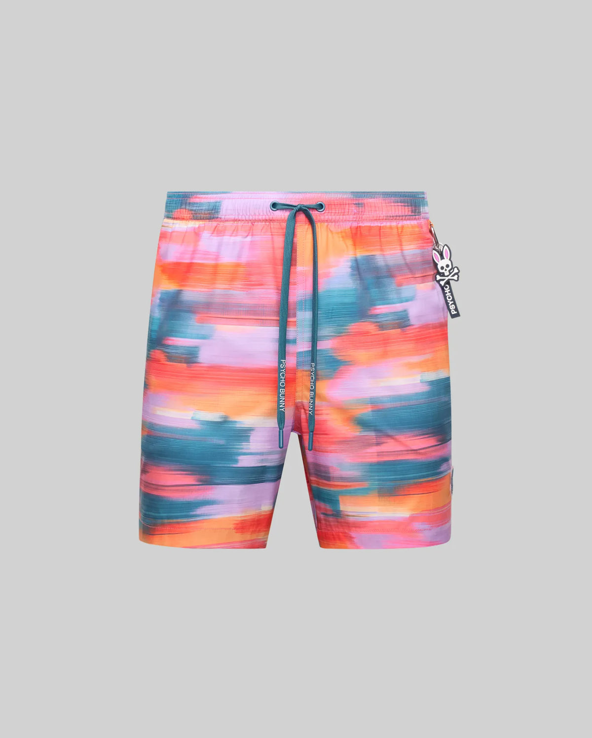 Mens Raphael Swim Trunk, vibrant abstract brushstroke pattern in orange, pink, purple, teal hues. Features elastic waistband, teal Psycho Bunny drawstrings, small bunny skull, and hanging logo tag.