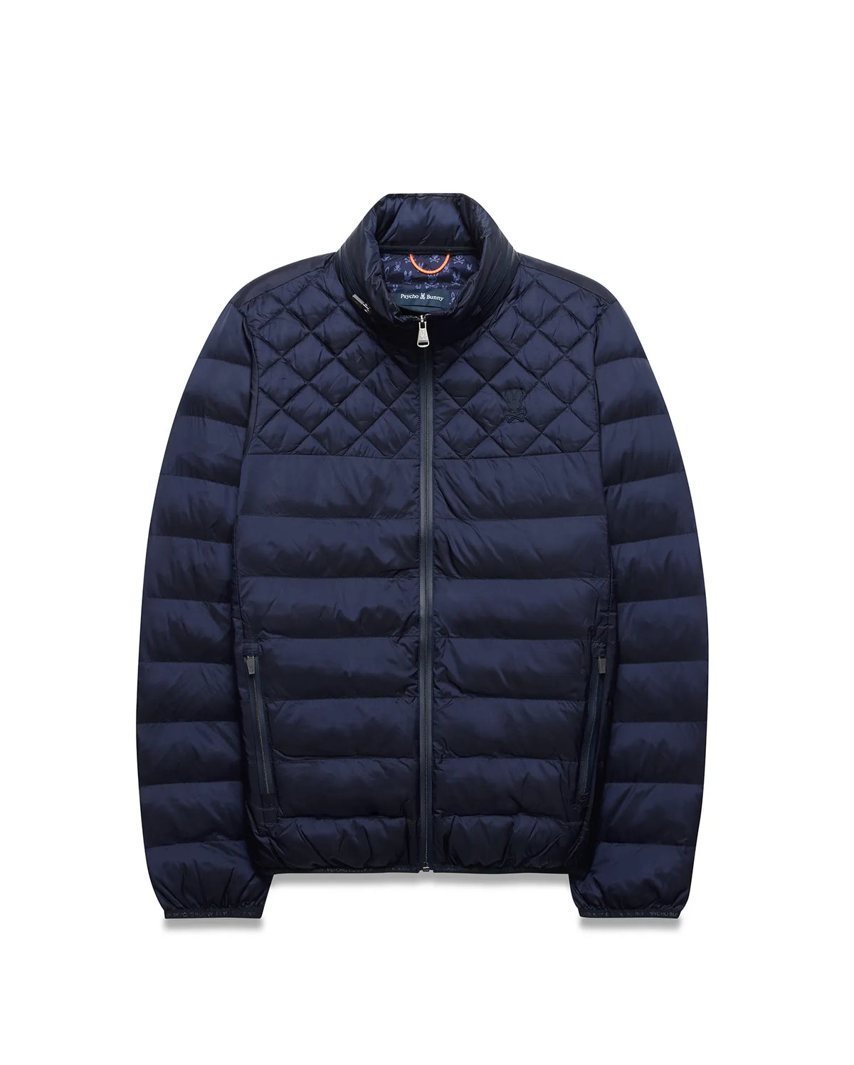 Navy Mens Emerik Puffer Jacket, quilted upper, horizontal baffles, stand collar, full zip, zippered pockets. Small embroidered Psycho Bunny skull on left chest, colorful patterned inner collar. (5)