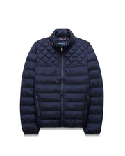 Navy Mens Emerik Puffer Jacket, quilted upper, horizontal baffles, stand collar, full zip, zippered pockets. Small embroidered Psycho Bunny skull on left chest, colorful patterned inner collar. (5)