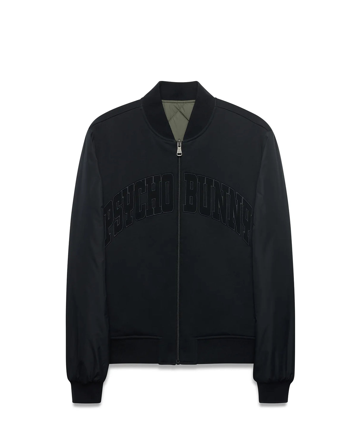 Mens Joaquin Mix Media Reversible Bomber in black with large tonal PSYCHO BUNNY chest text, full zip with skull logo pull, ribbed trim, and olive green quilted reverse side. (7)
