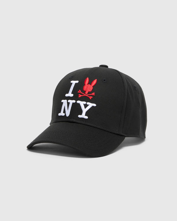 The Psycho Bunny MENS NEW YORK BASEBALL CAP (MO1500012) is a black cotton hat with “I ❤️ NY” on the front, where the red heart is replaced by the brand's red bunny head and crossed bones for a playful twist.