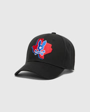 The Psycho Bunny Men's Texas Baseball Cap (MO1500014) is crafted from woven cotton with a colorful embroidered Texas silhouette and bunny skull logo in red, white, and blue. It features a curved brim and an adjustable back strap.