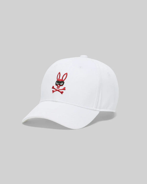 The Psycho Bunny MENS MISCHIEF BASEBALL CAP (MO1500015) is made from 100% cotton and features a red and black embroidered Mischief Bunny face with crossbones on the front, set against a plain gray background.