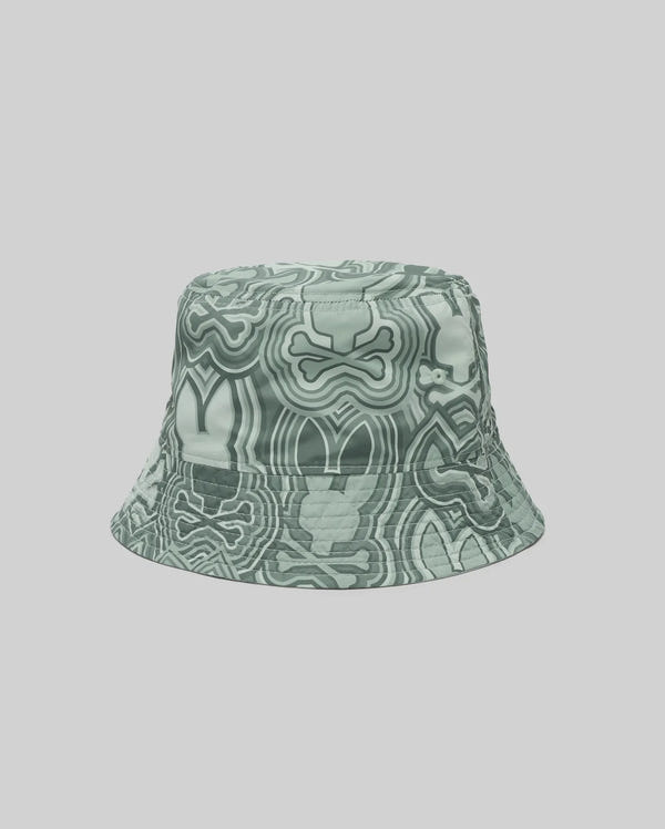 The Psycho Bunny MENS CHUCK REVERSIBLE BUCKET HAT (MO1500028) features an abstract, wavy green pattern with dark green shapes and swirls on a light gray background—an ideal summer accessory.