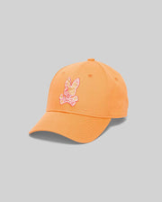 Mens Olivier Baseball Cap in vibrant orange cotton twill, featuring a large, intricately embroidered Psycho Bunny skull logo on the front in pink, yellow, and white.