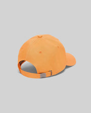 Mens Olivier Baseball Cap in vibrant orange cotton twill, featuring an adjustable strap and a silver-toned buckle with an engraved Psycho Bunny skull logo at the back.