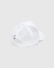 White Mens Adamo Trucker Cap featuring a breathable mesh back, a solid front panel, and an adjustable snapback closure for a classic, comfortable fit. (4)