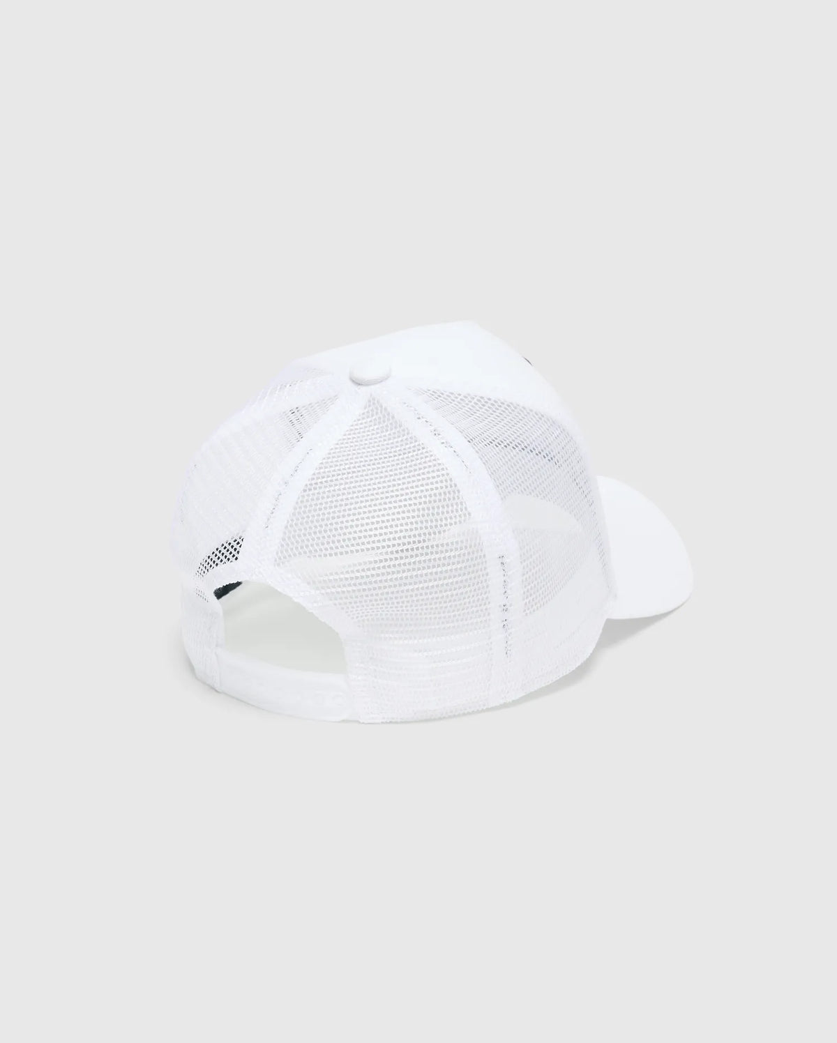 White Mens Adamo Trucker Cap featuring a breathable mesh back, a solid front panel, and an adjustable snapback closure for a classic, comfortable fit. (4)