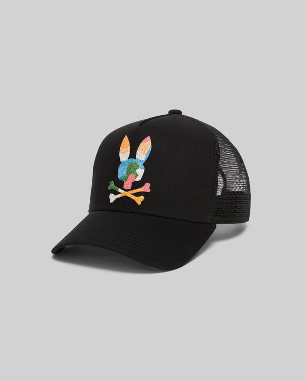 Mens Ara Trucker Cap, black with mesh back, featuring a large, vibrant multi-color embroidered Psycho Bunny skull logo on the front.