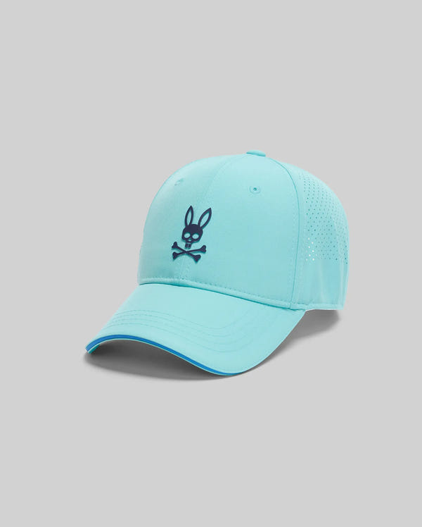 The MENS OFFICIAL US OPEN AVERY NET SPORT CAP (MO1500086) by Psycho Bunny is a light blue sport hat with a dark blue bunny skull and crossbones logo on the front, shown on a gray background—ideal for tennis or casual wear.