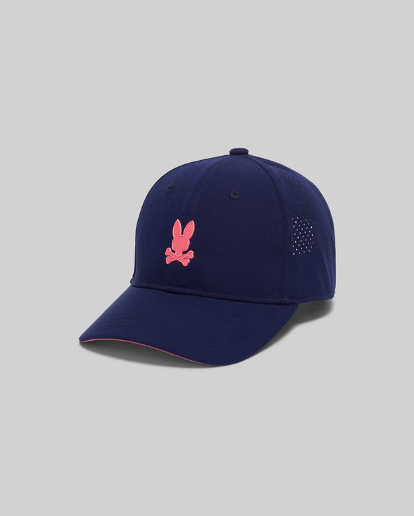 Mens Onyx Sport Cap in navy performance fabric, featuring a prominent pink rubberized Psycho Bunny skull logo on the front, perforated side panels, and a pink brim trim.
