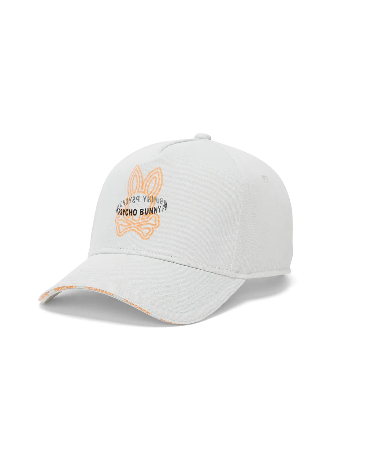 Mens Alex A-Frame Trucker Cap in white, featuring a large orange outlined bunny skull logo with black Psycho Bunny text on the front, and repeated orange Psycho Bunny text on the brim. (2)
