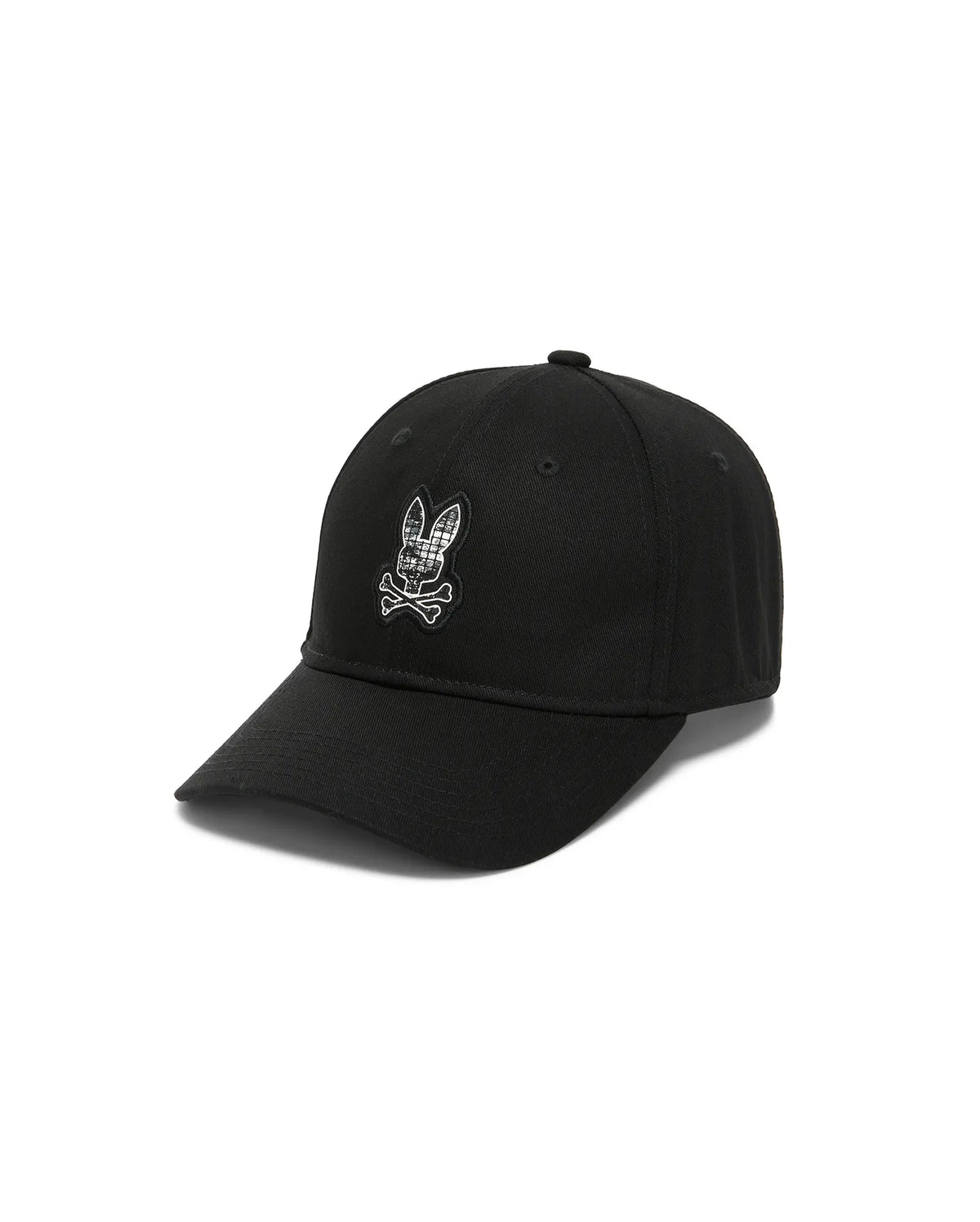 Men's Alfie Baseball Cap in black cotton twill, featuring a prominent embroidered Psycho Bunny skull logo on the front with a white and grey plaid pattern inside the bunny. (2)