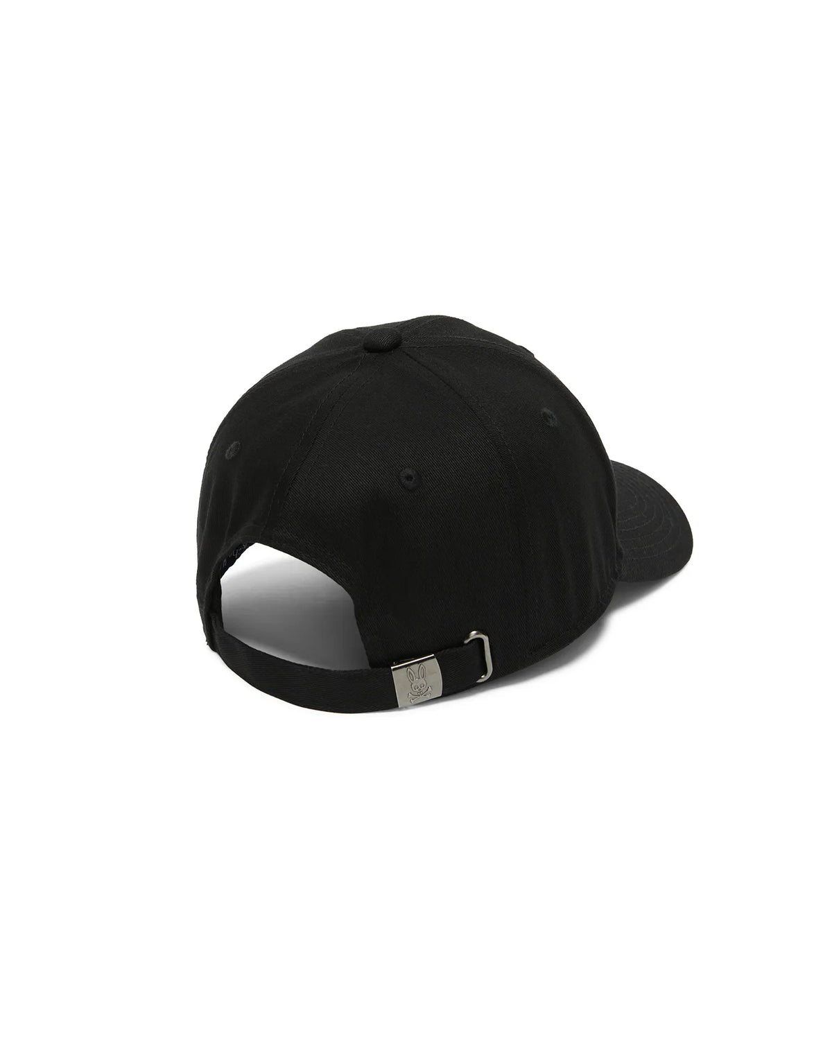 Men's Alfie Baseball Cap in classic black cotton twill, featuring an adjustable strap with a sleek gunmetal Psycho Bunny skull logo engraved buckle at the back. (4)