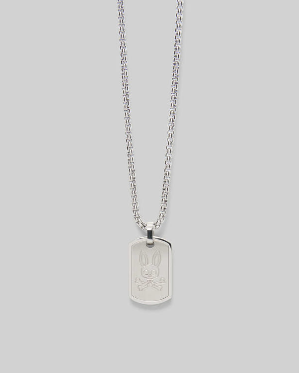 The Psycho Bunny MENS ARMY TAG NECKLACE - MO1700021 features a silver pendant engraved with a cartoon bunny face, shown against a light gray background.