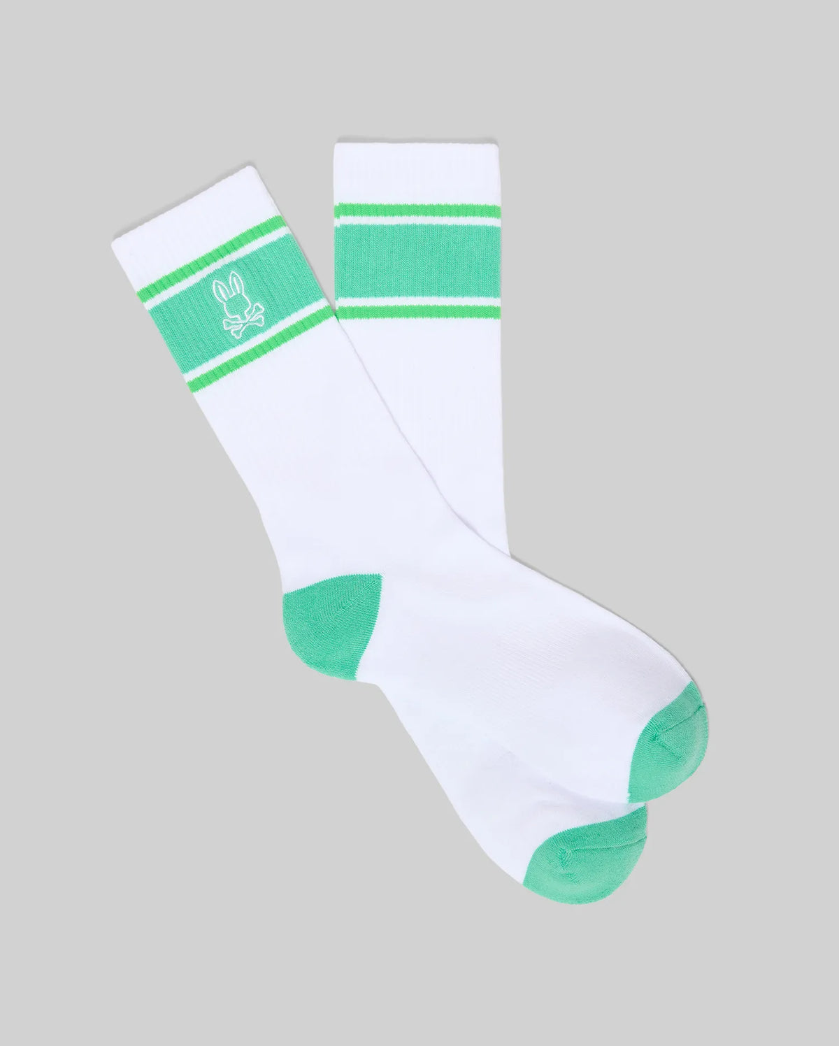 Mens Striped Sport Sock in white knit, featuring a vibrant green striped cuff with an embroidered white Psycho Bunny skull logo, and green heel and toe accents.