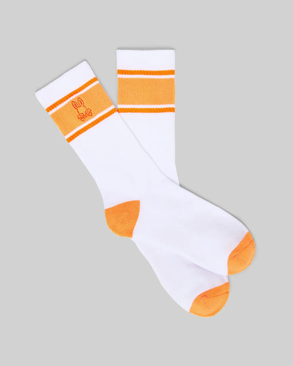 Mens Striped Sport Sock in white with orange stripes on the ribbed cuff, orange heel and toe, and an embroidered orange Psycho Bunny skull logo on the ankle.