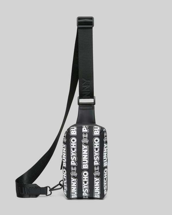 Mens Rubberized Crossbody in black with an all-over white Psycho Bunny text and skull logo pattern, featuring a smooth rubberized texture and an adjustable black woven strap.