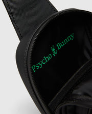 Black textured Crossbody Bag with a bright green Psycho Bunny logo and text printed large inside the main compartment, featuring a durable zipper closure. (2)