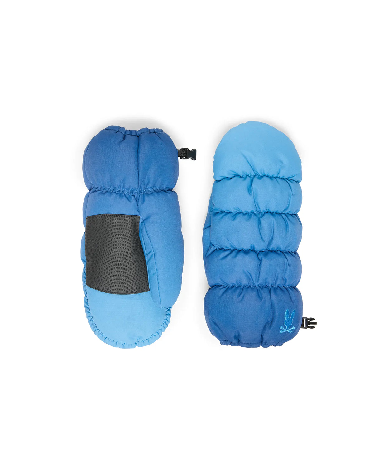 Men's Psycho Bunny Puffer Gloves in two-tone blue, featuring a padded design, dark grey textured palm grip, elasticated cuffs, and an embroidered light blue bunny skull logo. (1)