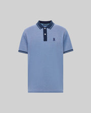 The Psycho Bunny QUINTON TEXTURE PIQUE POLO features light blue short sleeves, a dark blue collar and button placket with white buttons, dark blue sleeve trim, and a dark blue embroidered logo on the left chest.