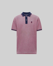 The Psycho Bunny QUINTON TEXTURE PIQUE POLO is a short-sleeved pink shirt with a navy blue, striped collar and sleeve cuffs, two white buttons, and a small embroidered logo on the left chest.