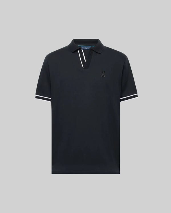 The Psycho Bunny MENS KENDELL INTERLOCK JOHNNY COLLAR POLO (MT0100015) is a black short-sleeved shirt with white trim on the collar and cuffs, plus a small embroidered chest logo, shown against a plain light gray background.