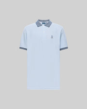 The Psycho Bunny MENS MURPHY PIQUE POLO SHIRT (MT0100026) is a light blue Pima cotton polo with contrast blue and gray striped collar and cuffs, plus a small Bunny logo on the chest, shown against a plain gray background.
