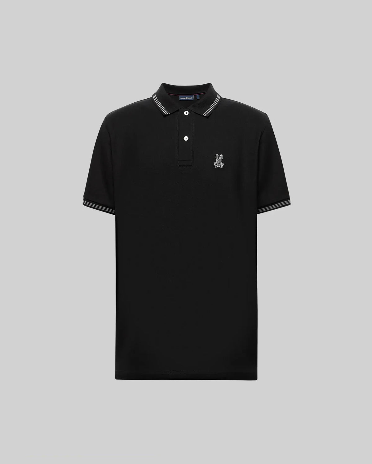 The Psycho Bunny MENS HART PIQUE POLO SHIRT (MT0100032) features black Pima cotton, a two-button collar, white trim, and a small embroidered rabbit logo on the left chest—an essential for modern menswear.