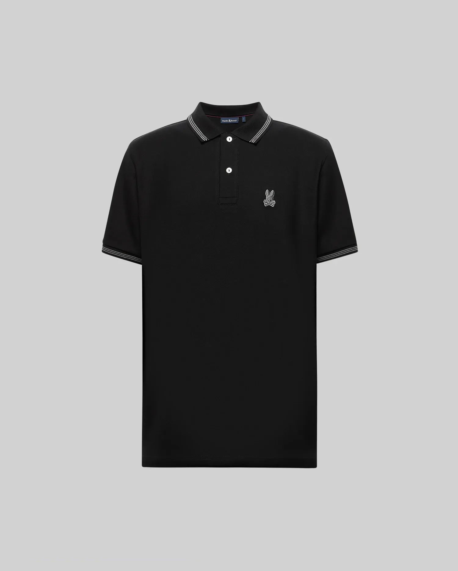 The Psycho Bunny MENS HART PIQUE POLO SHIRT (MT0100032) features black Pima cotton, a two-button collar, white trim, and a small embroidered rabbit logo on the left chest—an essential for modern menswear.