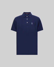 The MENS PHOENIX FASHION POLO - MT0100096 by Psycho Bunny is a navy blue, short-sleeve Pima cotton polo with a collar, three white buttons, and a small white embroidered logo on the left chest, shown on a plain gray background.