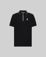 The Psycho Bunny MENS DANE ZIP PIQUE POLO (MT0100103) is a black short-sleeve Pima cotton polo with a zip-up collar, sporty white trim on the collar and sleeves, and a white embroidered Bunny logo on the left chest.