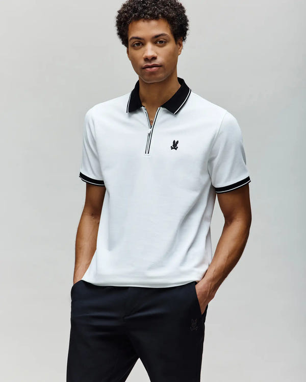 Mens White Dane Zip Pique Polo | Psycho Bunny