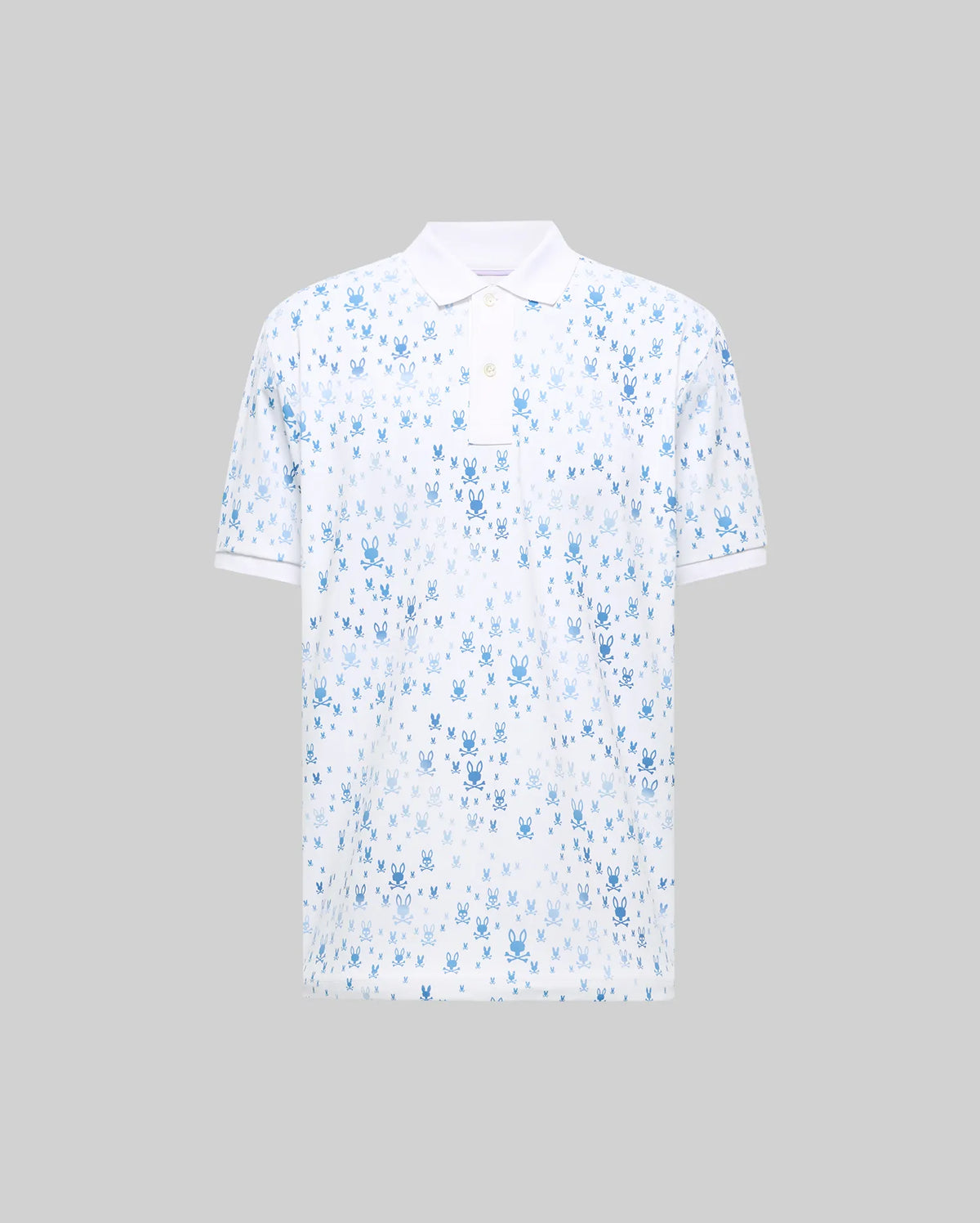 Mens Nev Sport Polo, white pique knit with a classic fit, featuring an all-over blue Psycho Bunny skull and crossbones print, white ribbed collar, and two-button placket.