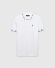 Mens Brad Pique Polo, white classic fit pique polo with blue and yellow tipping on collar and cuffs, featuring a small embroidered blue Psycho Bunny skull logo on the left chest. (5)