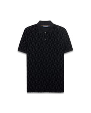 Men's Angus Flocked Polo, black classic fit pique polo featuring an all-over tonal flocked Psycho Bunny skull logo pattern and two-button placket. (5)
