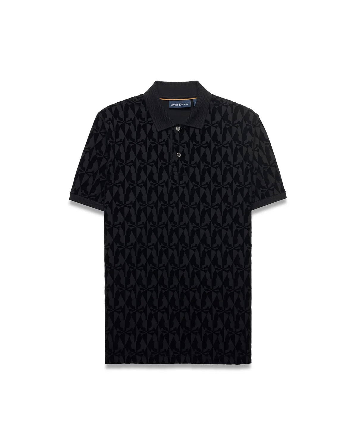 Men's Angus Flocked Polo, black classic fit pique polo featuring an all-over tonal flocked Psycho Bunny skull logo pattern and two-button placket. (5)
