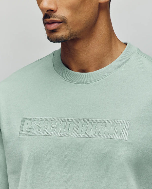 A man wears the Psycho Bunny MENS ZAYN OVERSIZED GRAPHIC TEE (MT0200004), a relaxed fit, light green top featuring an embroidered "PSYCHO BUNNY" wordmark in matching thread. Only his lower face and upper body are visible.