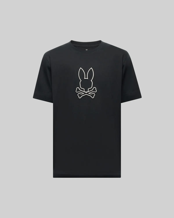 The Psycho Bunny MENS SETH GRAPHIC TEE (MT0200005) is made from 100% Pima cotton and features a white bunny head with crossed bones outline on the chest, set against a plain light gray background.